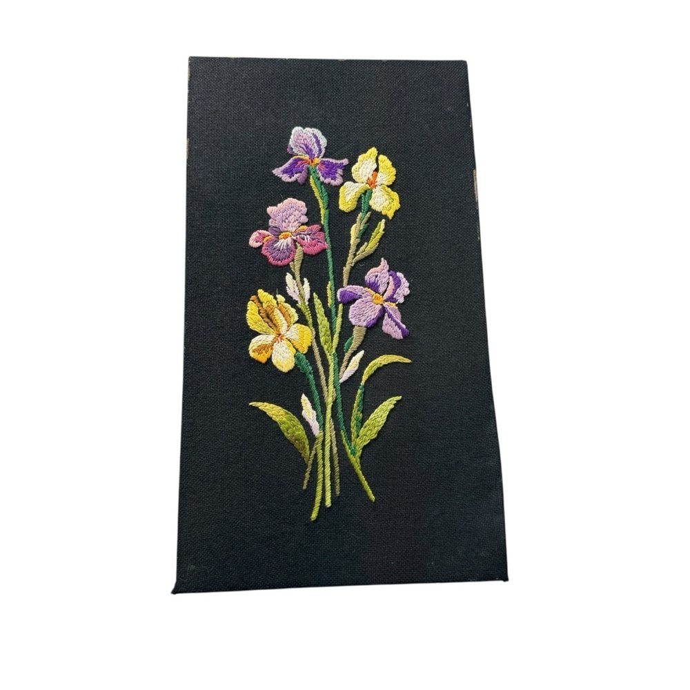 MCM Hand Embroidered Crewel Flower Black Background Unframed